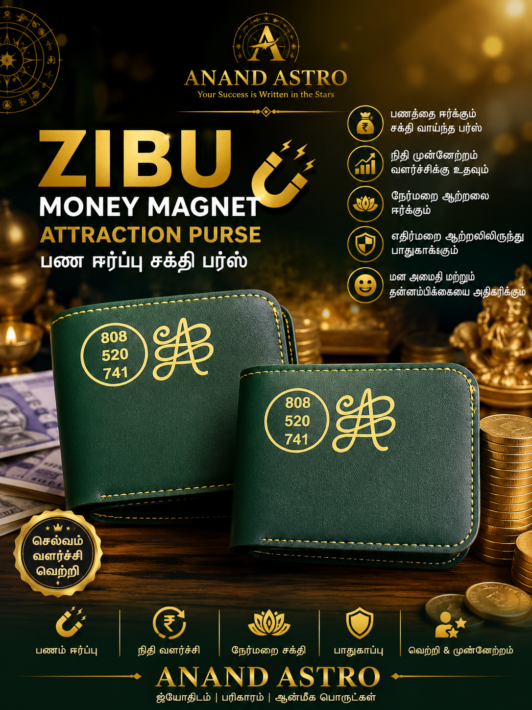 Zibu Wallet, Green, Gold-Printed Zibu Symbols, Sacred Number 808-520-741, Prosperity and Abundance, 